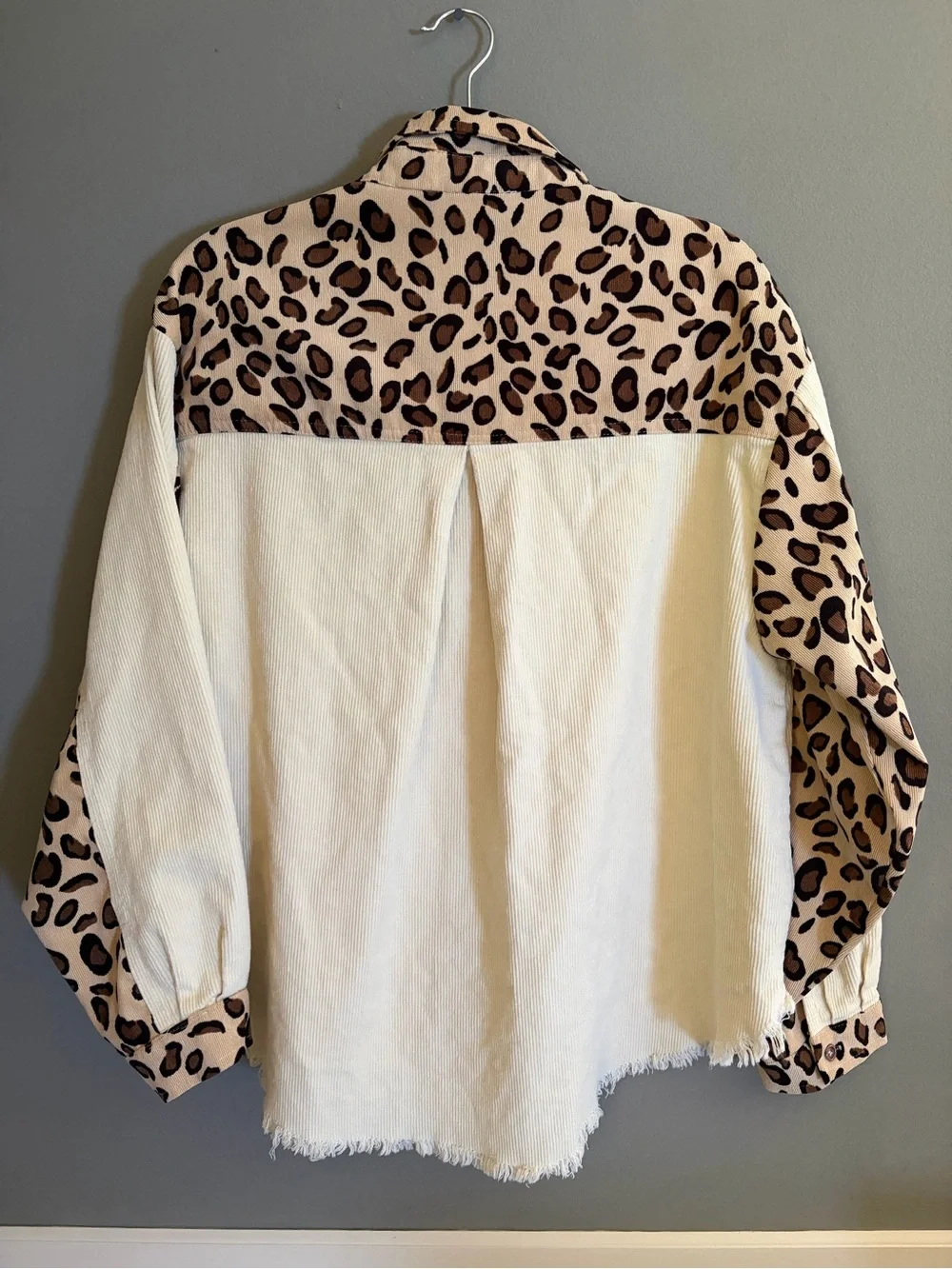Umgee Leopard & Cream Patchwork Corduroy Shacket Raw Hem Oversized Western Boho - Picture 10 of 12